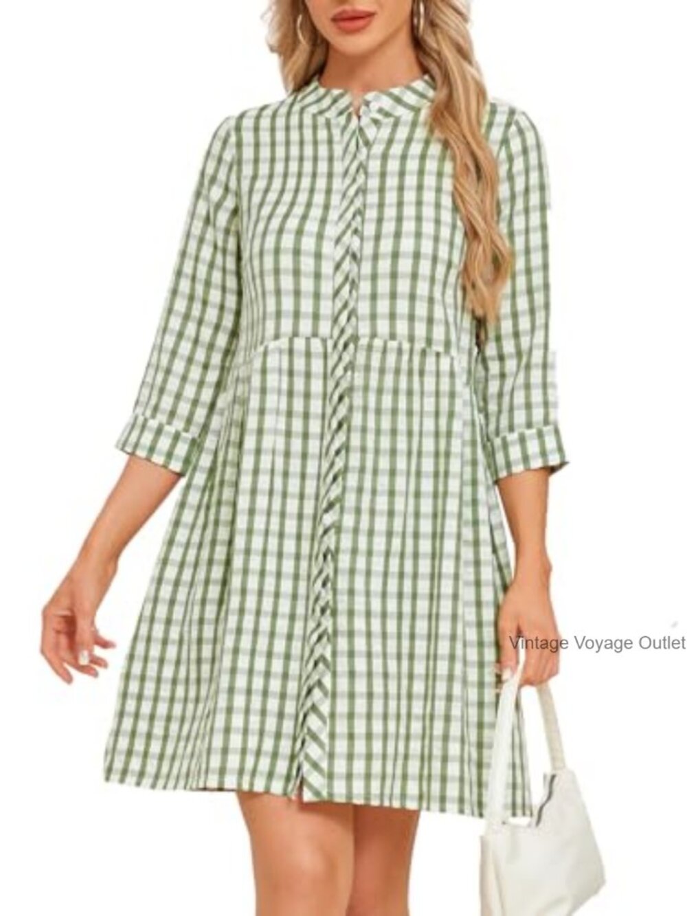 Women's Button Down Gingham Mini Dress Long Sleeve Plaid